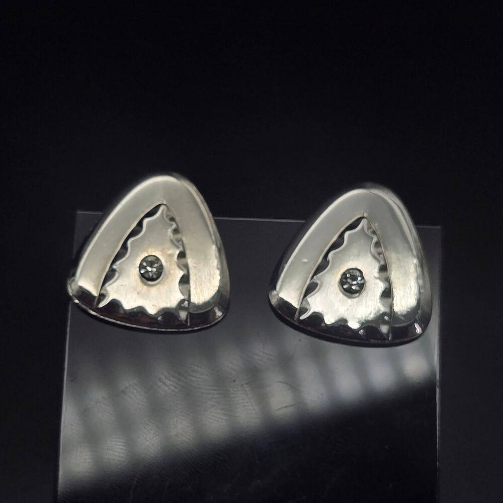 Silver Tone Rhinestone Modernist Cufflinks Triangle Geometric